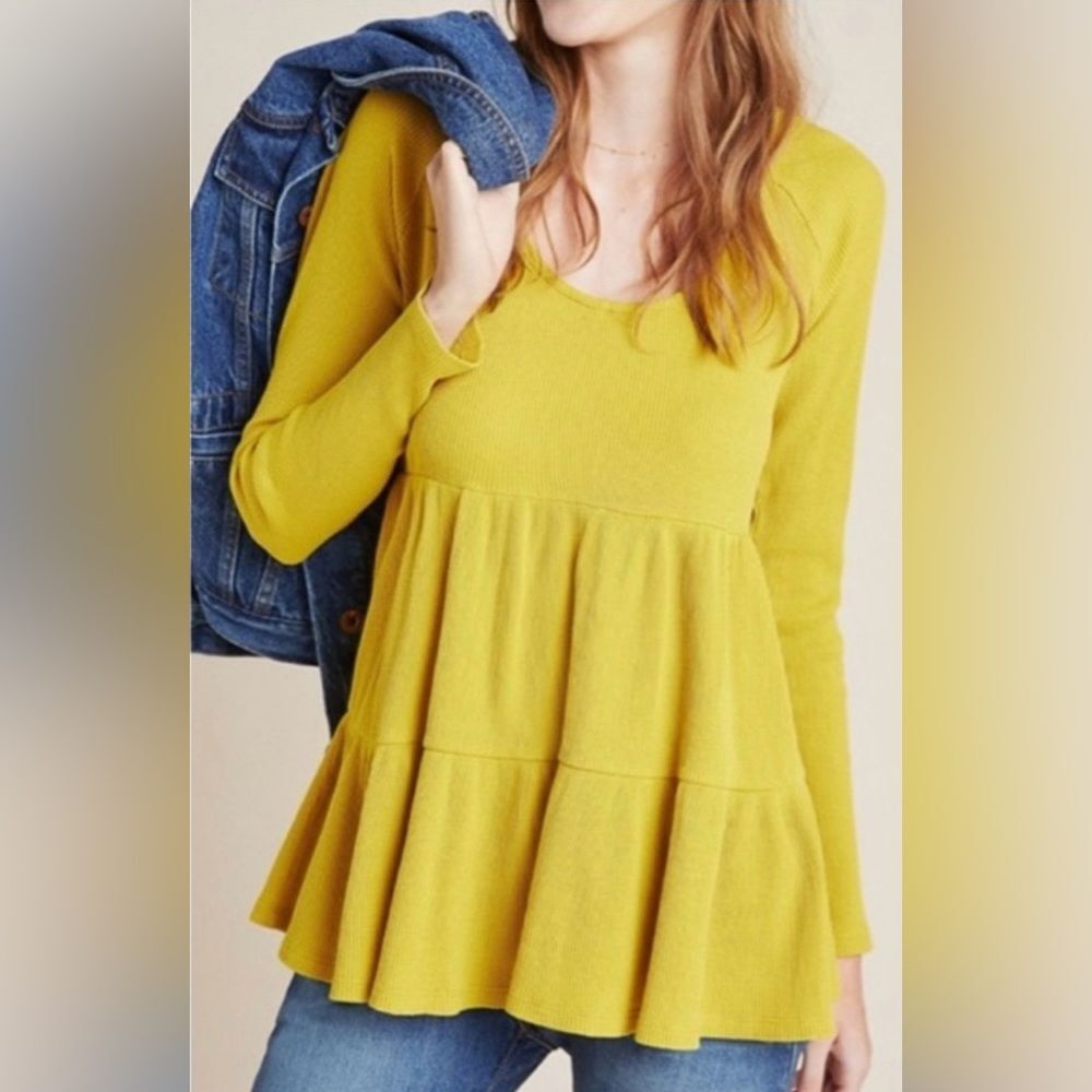 Maeve by Anthropologie Samina Thermal Babydoll mustard yellow top size small